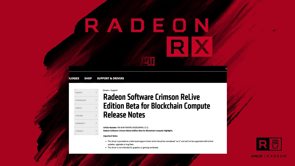 AMD Blockchain Driver Radeon Software Crimson ReLive Edition Beta for Blockchain Compute